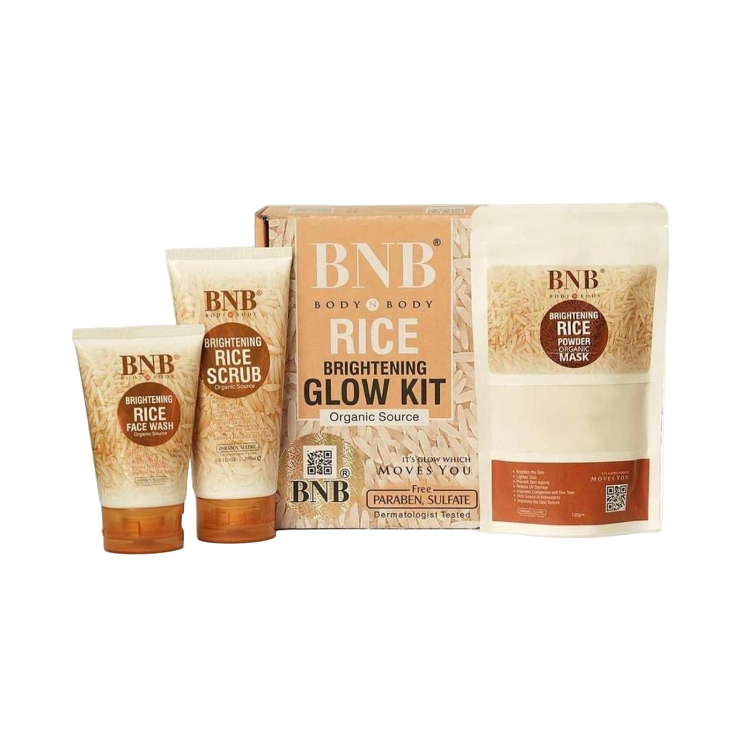 BNB Rice Brightening Glow Kit with scrub, mask, and box on a white background