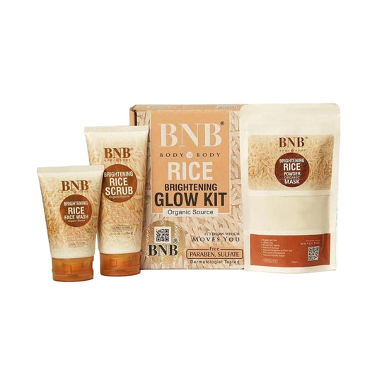 BNB Rice Brightening Glow Kit with scrub, mask, and box on a white background